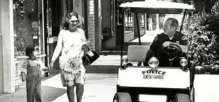 BPD Mall Officer as he was called back in 1987 was Roy Meyer talking to little Ricky & Rosalie Valdez was patroling 'The Golden Mall'  (Photo by Ross A. Benson)