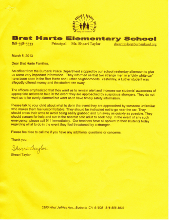Letter sent home with Bret Harte students about attempted abduction just a block from the school.