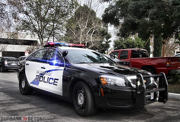 Burbank Police Chevrolet Caprice with new door emblem, new strobes in the mirrors, strobes in the front push bars, backseat cage and more. (Photo by Ross A. Benson)
