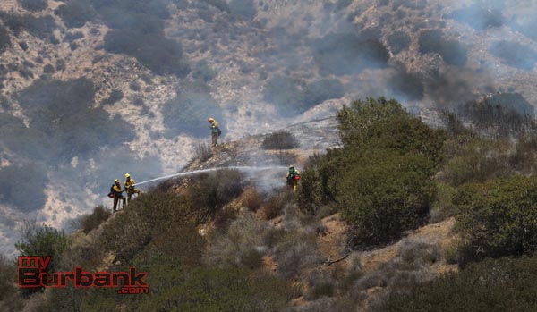 Burbank Firefighters extinguish a small brush fire that consumed 1 acre in the hills above DeBell Golf Course. (Photo by Ross A. Benson) 