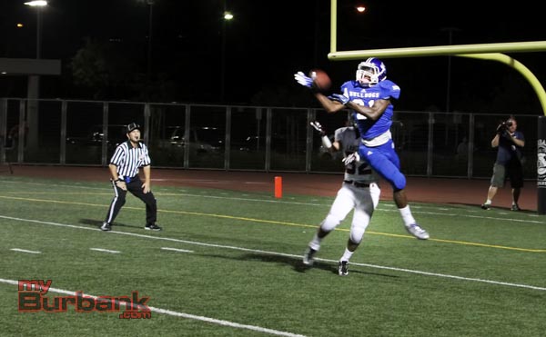 James Williams makes an acrobatic catch for a TD (Photo by Ross A. Benson)