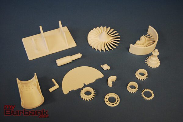 Parts of a miniature turbine engine printed by Burbank High School's 3D printer.  (Photo By Lisa Paredes)