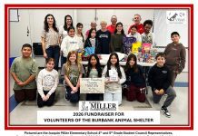 Joaquin Miller Elementary School Holds Fundraiser for Volunteers of the Burbank Animal Shelter Pictured are the Joaquin Miller Elementary School 4t and 5th Grade Student Council Representatives, Teachers Natalie Cabral and Melissa Pamperin, BAS Volunteers Sue Stimpson, Chris de Zorzi and Brad Worsley