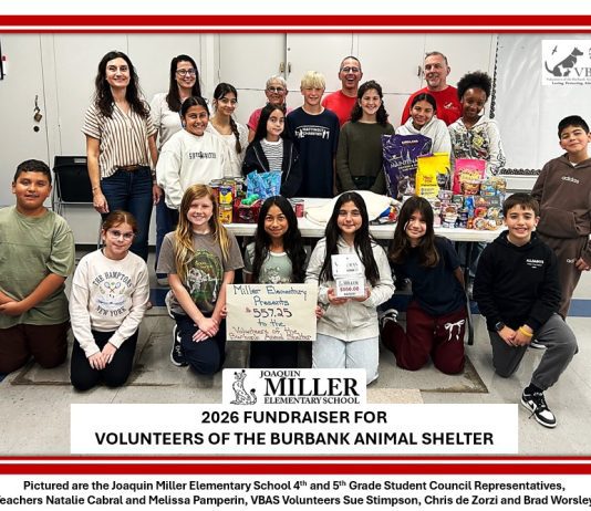 Joaquin Miller Elementary School Holds Fundraiser for Volunteers of the Burbank Animal Shelter Pictured are the Joaquin Miller Elementary School 4t and 5th Grade Student Council Representatives, Teachers Natalie Cabral and Melissa Pamperin, BAS Volunteers Sue Stimpson, Chris de Zorzi and Brad Worsley