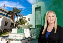 Behind City Hall’s Operations: Courtney Padgett’s Leadership Philosophy Courtney Padgett is the Assistant City Manager of the City of Burbank. A photo of her is inset within a photo of Burbank City Hall and its fountain.