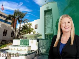 Behind City Hall’s Operations: Courtney Padgett’s Leadership Philosophy Courtney Padgett is the Assistant City Manager of the City of Burbank. A photo of her is inset within a photo of Burbank City Hall and its fountain.