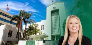 Behind City Hall’s Operations: Courtney Padgett’s Leadership Philosophy Courtney Padgett is the Assistant City Manager of the City of Burbank. A photo of her is inset within a photo of Burbank City Hall and its fountain.