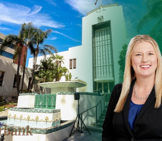 Behind City Hall’s Operations: Courtney Padgett’s Leadership Philosophy Courtney Padgett is the Assistant City Manager of the City of Burbank. A photo of her is inset within a photo of Burbank City Hall and its fountain.