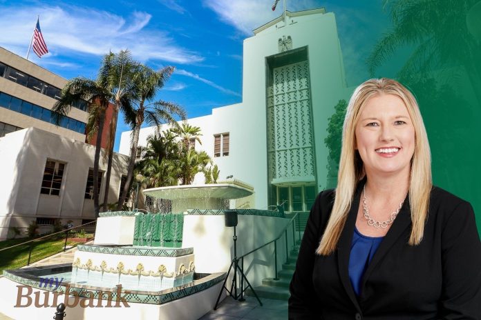 Courtney Padgett is the Assistant City Manager of the City of Burbank. A photo of her is inset within a photo of Burbank City Hall and its fountain.