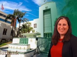 From Clarinet to City Hall: Jennifer Becker’s 25-Year Journey Serving Burbank Jennifer Becker is the Financial Services Director of the City of Burbank. A photo of her is inset within a photo of Burbank City Hall and its fountain.