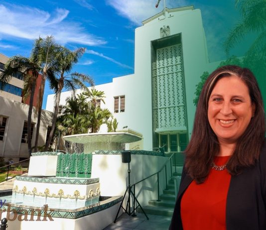 From Clarinet to City Hall: Jennifer Becker’s 25-Year Journey Serving Burbank Jennifer Becker is the Financial Services Director of the City of Burbank. A photo of her is inset within a photo of Burbank City Hall and its fountain.