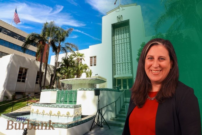 Jennifer Becker is the Financial Services Director of the City of Burbank. A photo of her is inset within a photo of Burbank City Hall and its fountain.